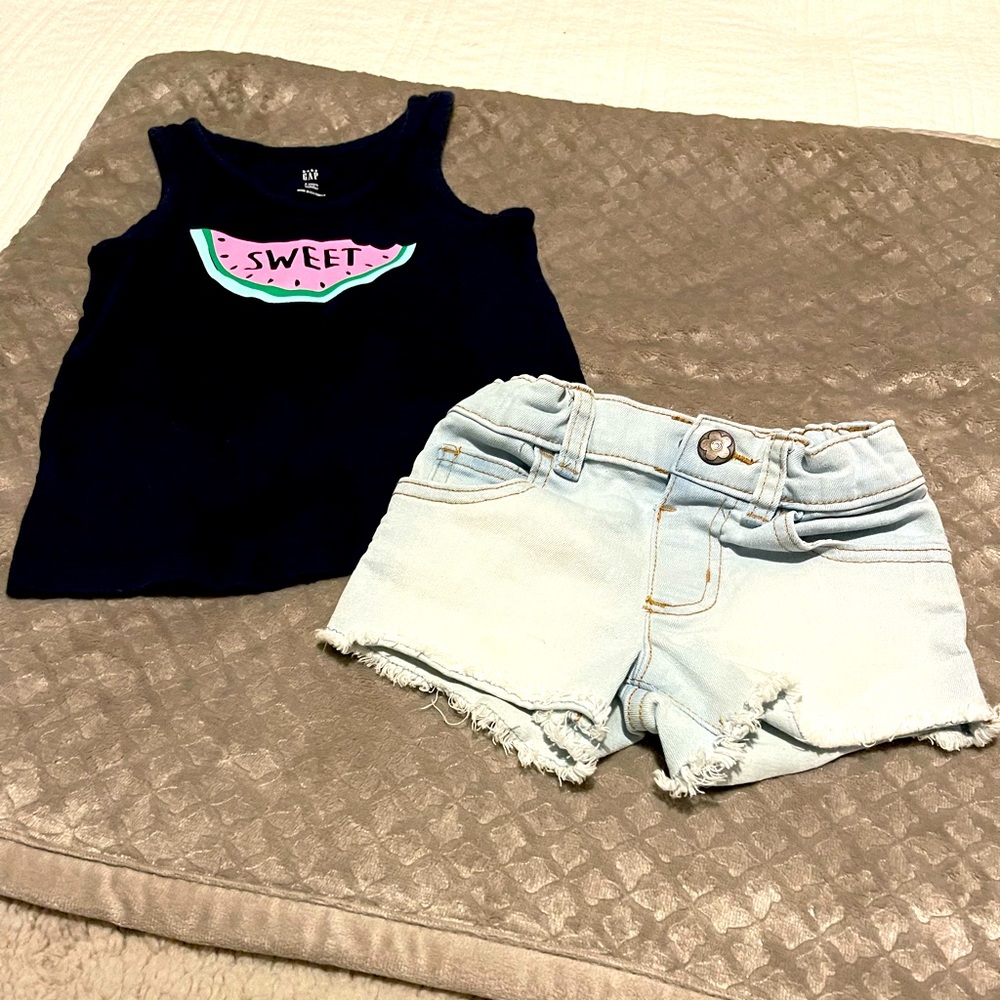 Girls black tank with watermelon on it and blue Jean shorts